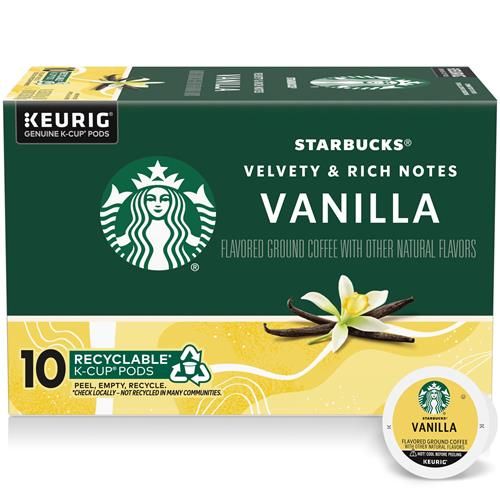 Starbucks K-Cup coffee pods by ByBies, vanilla flavored, 100% Arabica, 1 box of 10 pods, ready for Keurig coffee makers.