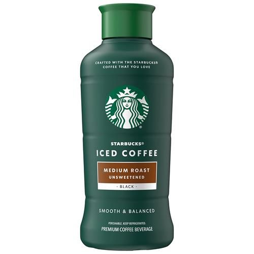 ByBies Starbucks Medium Roast Iced Coffee in a 48 fl oz black unsweetened bottle, ready to serve cold or over ice.