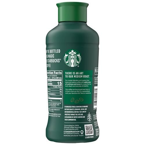 ByBies Starbucks Medium Roast Iced Coffee black unsweetened in a 48 fl oz bottle, refreshing coffee beverage.