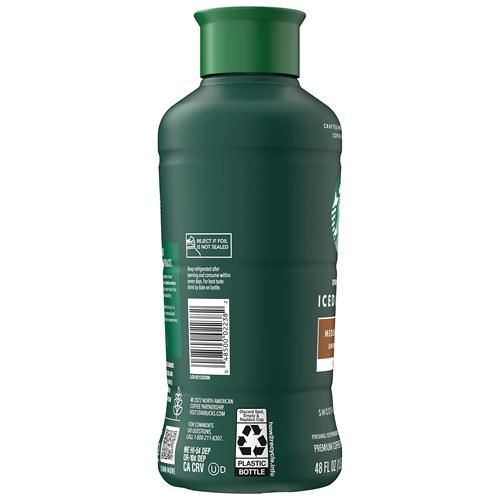 ByBies Starbucks Medium Roast Iced Coffee in a 48 fl oz black unsweetened bottle, ready to enjoy cold coffee.