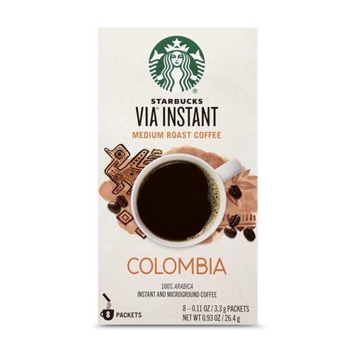 ByBies Starbucks Via Instant Coffee pack with 8 medium roast Colombia Arabica coffee sachets, ideal for quick brewing.