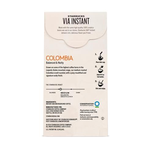 ByBies Starbucks Via Instant Coffee, medium roast Colombia Arabica coffee, 8-pack, in packaging with coffee beans.