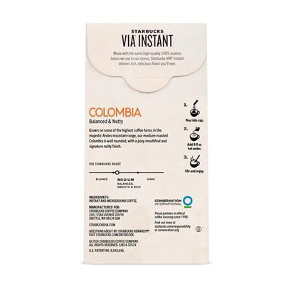 ByBies Starbucks Via Instant Coffee, medium roast Colombia Arabica coffee, 8-pack, in packaging with coffee beans.