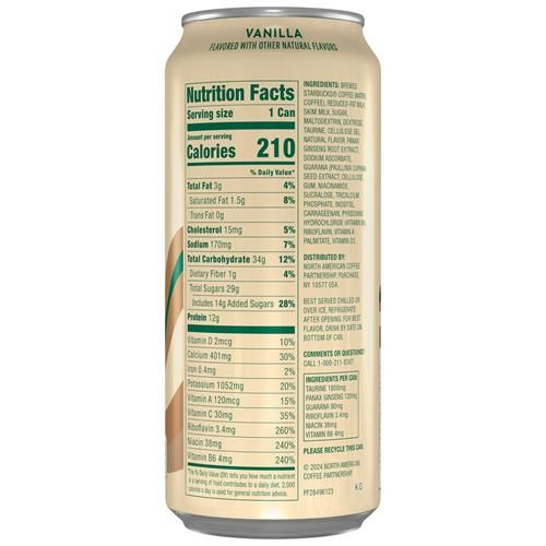 Starbucks Double Shot Energy Drink Vanilla flavor in a 15 Fl Oz can, by Bies, with a sleek design and vibrant branding.