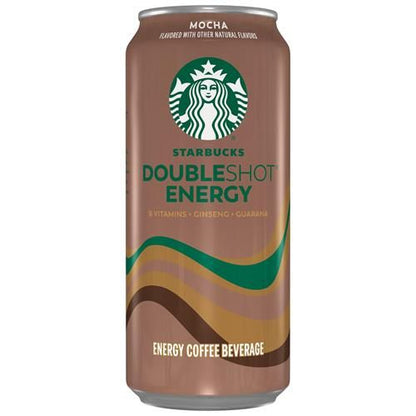 Starbucks Doubleshot Energy Mocha drink in a 15 oz can, by Bies, with chocolate mocha flavor and energy-boosting formula.