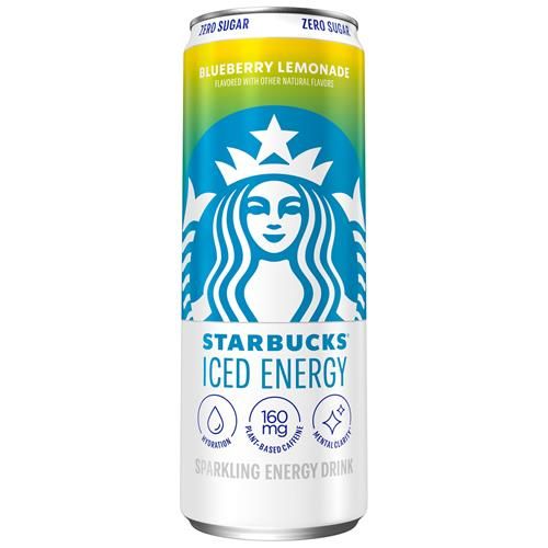 ByBies Starbucks Iced Energy Blueberry Lemonade sparkling energy drink in 12 fl oz can with vibrant blue and yellow label.