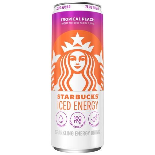 Starbucks Iced Energy Tropical Peach sparkling energy drink by ByBies in a 12 fl oz can with tropical peach flavor and vibrant label design.