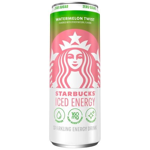 Starbucks Iced Energy Watermelon Twist sparkling energy drink by ByBies in 12 fl oz can, features watermelon flavor and refreshing bubbles.