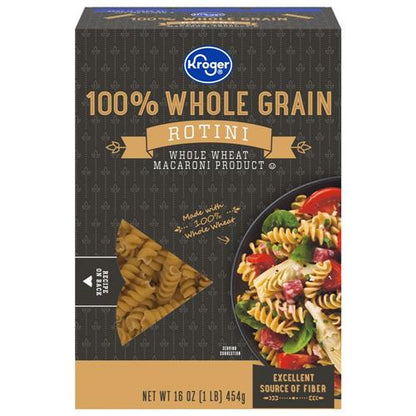 ByBies Kroger 100% Whole Grain Salad Rotini Pasta 16 oz, displayed in a clear package with cooked pasta ready for salads or meals.