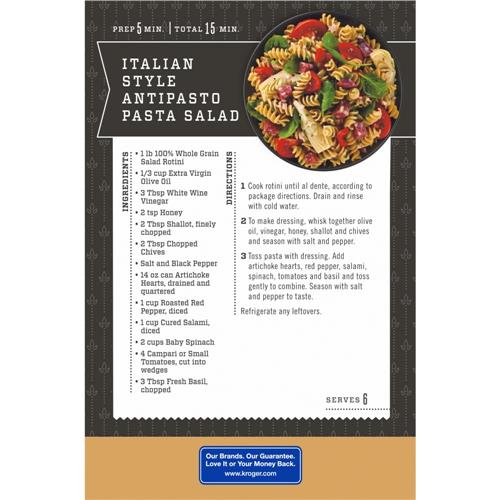 ByBies Kroger 100% Whole Grain Salad Rotini Pasta in a 16 oz package, featuring cooked pasta with colorful vegetables