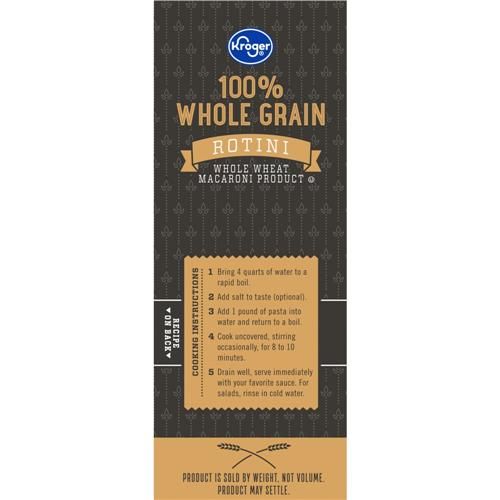 ByBies Kroger 100% Whole Grain Salad Rotini Pasta 16 oz in a clear package, showcasing the pasta's shape and texture.