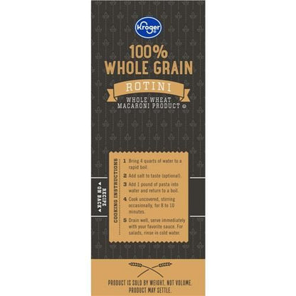 ByBies Kroger 100% Whole Grain Salad Rotini Pasta 16 oz in a clear package, showcasing the pasta's shape and texture.