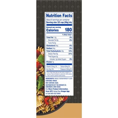 ByBies Kroger 100% Whole Grain Salad Rotini Pasta 16 oz in a clear packaging, showcasing the pasta's shape and texture.