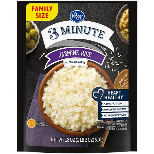 Pack of ByBies Kroger 3 Minute Jasmine Rice, 18 oz, a convenient grains and legumes product with cooked rice visible in the image.
