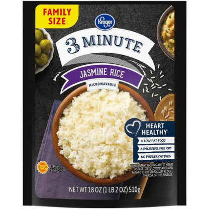 Pack of ByBies Kroger 3 Minute Jasmine Rice, 18 oz, a convenient grains and legumes product with cooked rice visible in the image.