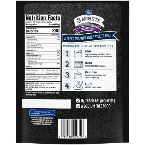 Pack of Kroger ByBies 3 Minute Jasmine Rice in 18 oz bag, showcasing fluffy cooked rice with grains and packaging.