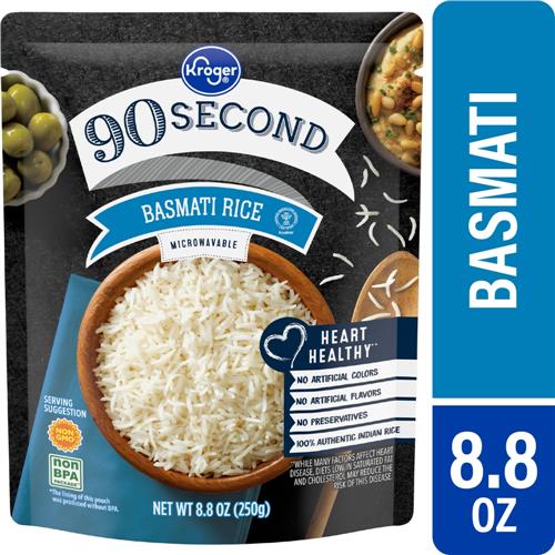 ByBies Kroger 90 Second Basmati Rice pouch, 8.8 oz, in a packaging pouch, suitable for quick-cook grains and legumes.