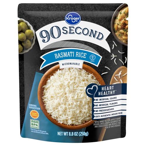 ByBies Kroger 90 Second Basmati Rice pouch, 8.8 oz, a package of long-grain rice in the grains and legumes category.