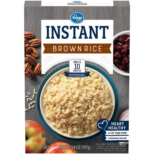 ByBies Kroger Instant Microwaveable Brown Rice 14 oz package with cooked rice ready to serve in the foreground.