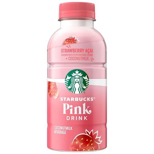 ByBies Starbucks Pink Drink juice bottle featuring Strawberry Acai with coconut milk in a 14oz plastic bottle.