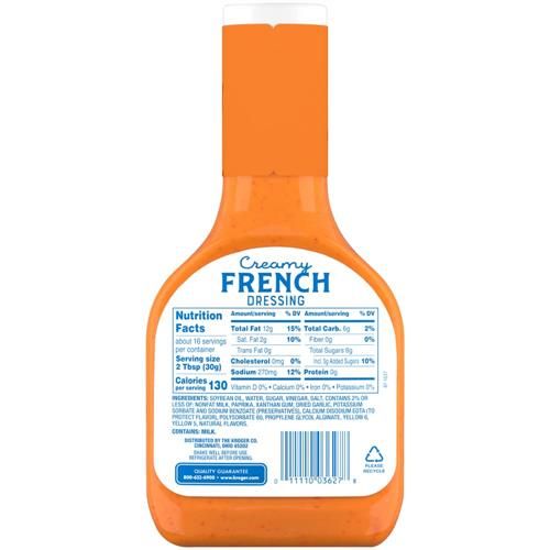 Kroger Creamy French Salad Dressing by Bies in a 16 fl oz bottle, creamy texture and French flavor, suitable for salads and marinades.