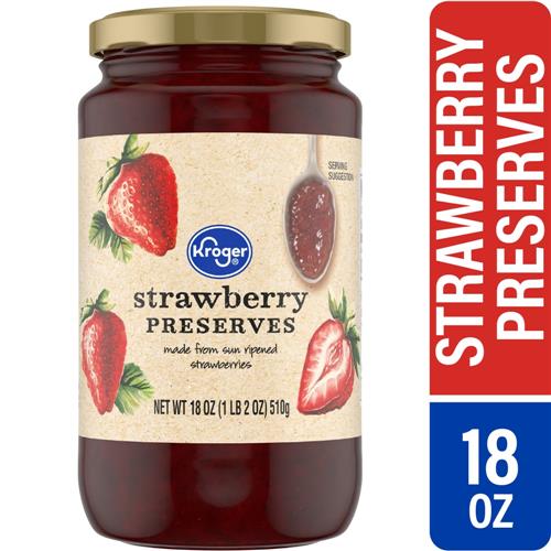 Jar of ByBies Kroger Strawberry Preserves, 18 oz, with fresh strawberries visible inside, perfect for spreads and toppings.