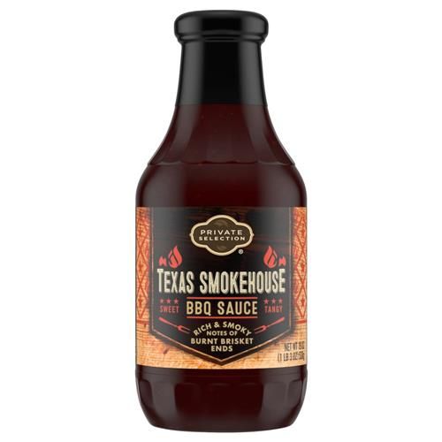 Private Selection Texas Smokehouse BBQ Sauce by ByBies, 19 oz bottle with smoky barbecue flavor and rich sauce texture.