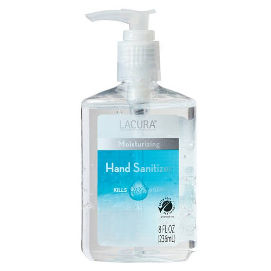 ByBies Lacura Hand Sanitizer in 8 oz bottle, skin care product with clear liquid and flip cap for hand hygiene.