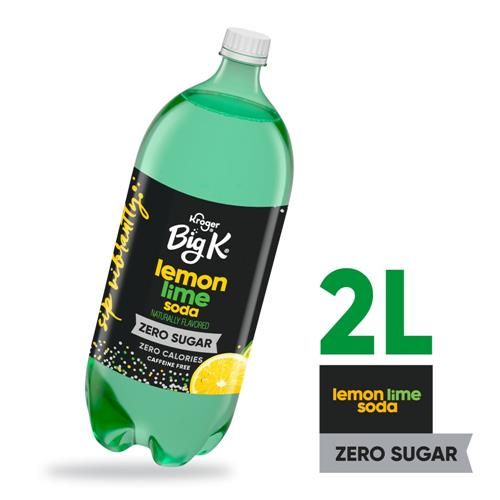 Big K Lemon Lime Zero Sugar caffeine-free soda bottle by ByBies, 2-liter size, with bright lemon and lime label and transparent plastic bottle.