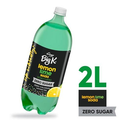 Big K Lemon Lime Zero Sugar caffeine-free soda bottle by ByBies, 2-liter size, with bright lemon and lime label and transparent plastic bottle.