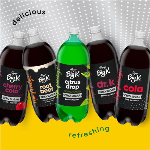 Big K Lemon Lime Zero Sugar soda bottle by ByBies, 2-liter caffeine-free pop with bright lemon-lime flavor