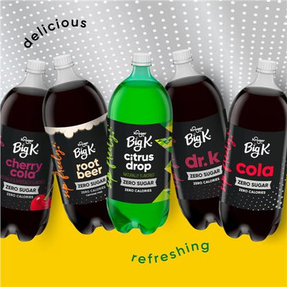 Big K Lemon Lime Zero Sugar soda bottle by ByBies, 2-liter caffeine-free pop with bright lemon-lime flavor