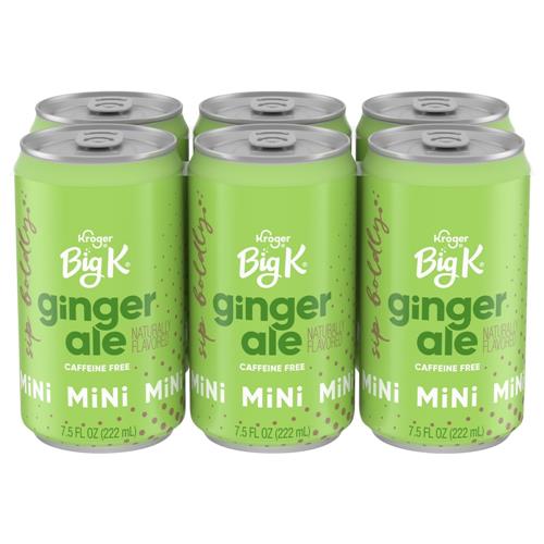 Six caffeine-free Big K Ginger Ale mini soda cans, 7.5 fl oz each, by ByBies, with colorful packaging and branding.