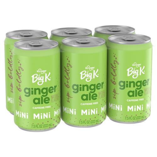 Six caffeine-free Big K Ginger Ale mini soda cans from ByBies, each 7.5 fl oz, with colorful labels and metallic cans.