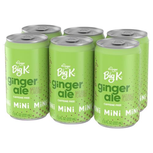 Two 7.5 fl oz cans of ByBies Big K Ginger Ale Caffeine-Free mini soda, showing the beverage and packaging.