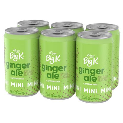 Two 7.5 fl oz cans of ByBies Big K Ginger Ale Caffeine-Free mini soda, showing the beverage and packaging.