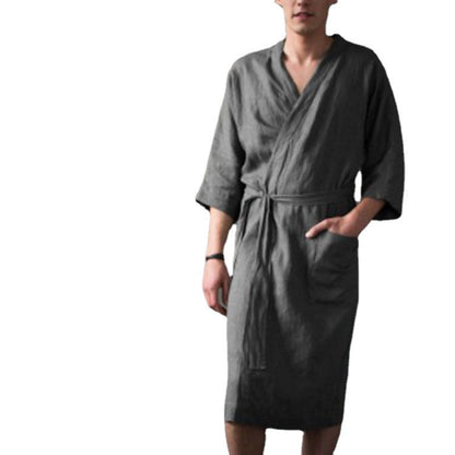 Men's and women's long solid color linen pajamas robe bathrobe by My Store