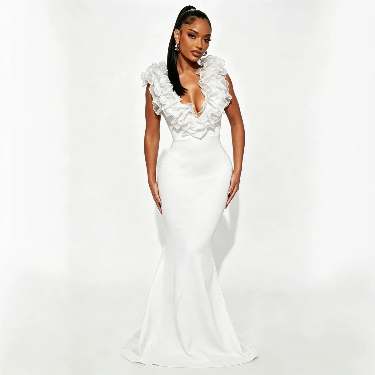 Women's deep V-neck backless long dress by My Store in a sleek, full-length design