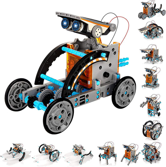 13-in-1 solar-powered assembling robot toy set by BACKUPMYFILESNOW® with multiple robot models and solar panels.