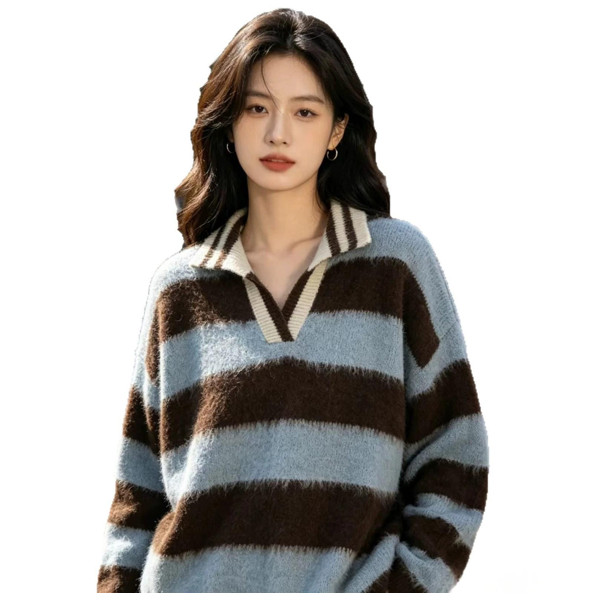 Women's retro color-block striped off-shoulder pullover sweater with lapel collar паалийәт