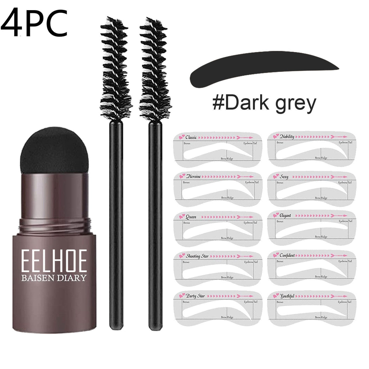 Eyebrow mold set with makeup powder for shaping and defining brows, shown with eyebrow stencils and applicator
