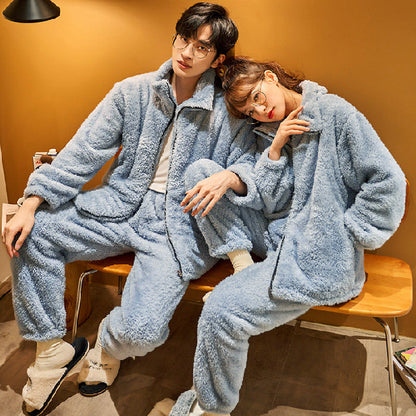 Plush couple thickened flannel thermal zipper suit in soft fleece fabric, full-body design shown front view