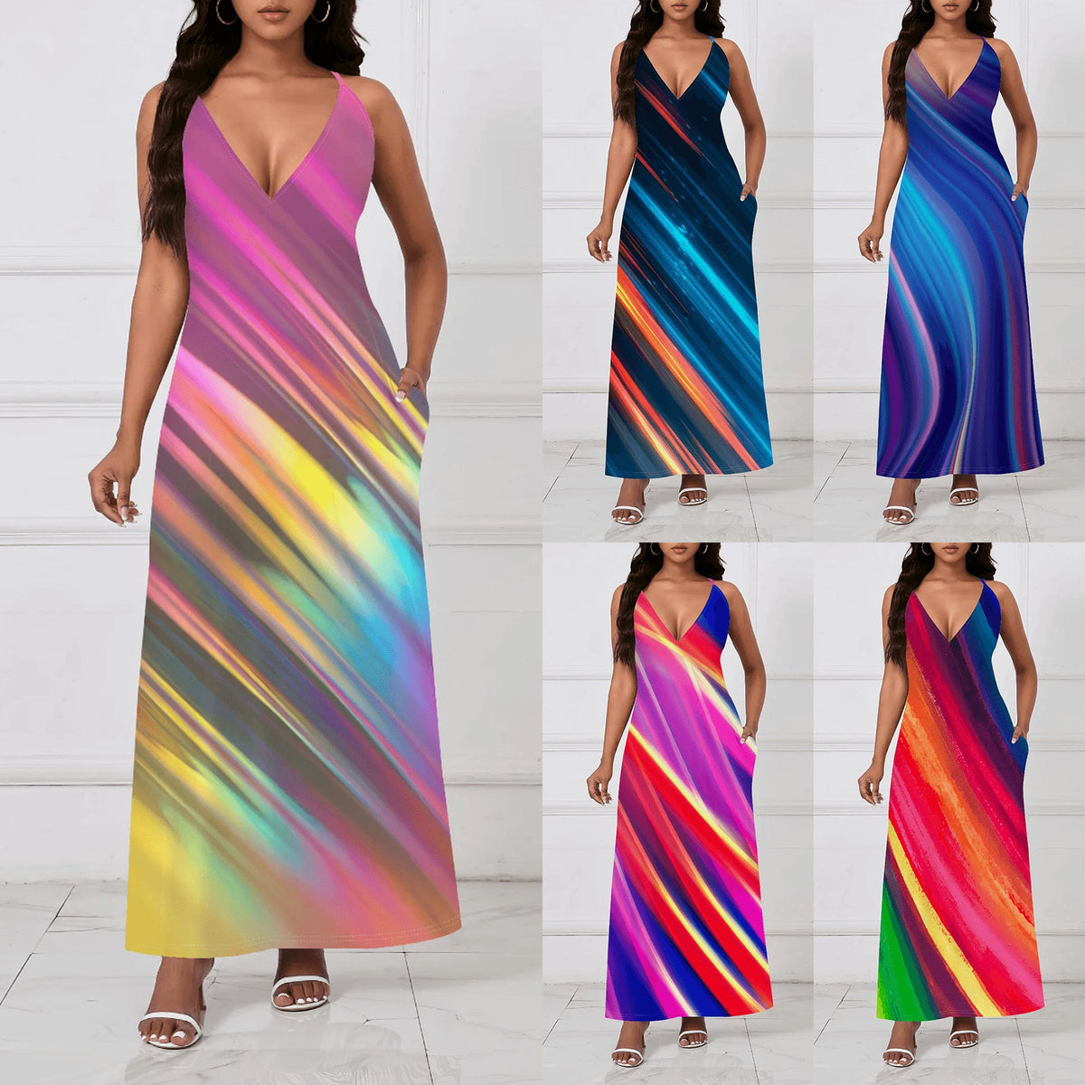 Colorful patterned loose-fitting backless slip dress with a bold, sexy design