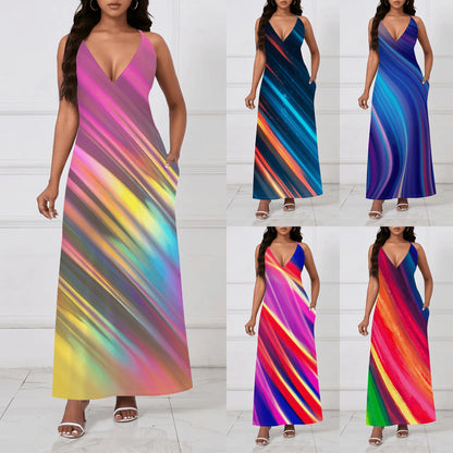 Colorful patterned loose-fitting backless slip dress with a bold, sexy design