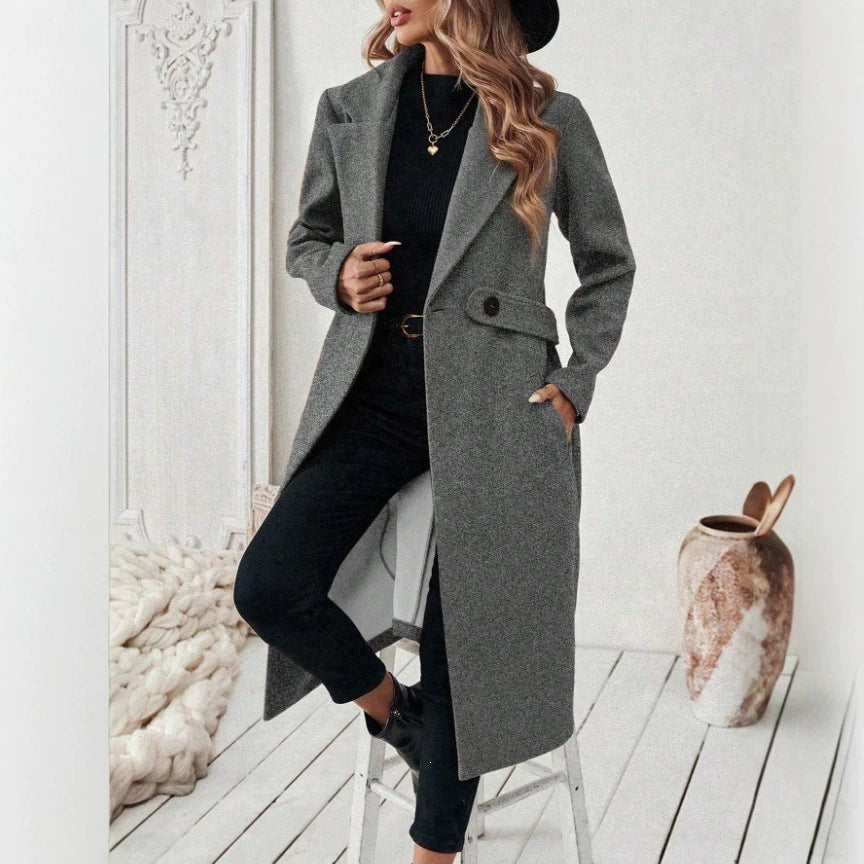 Women’s solid-color wool coat with lapel collar and double-breasted front by My Store
