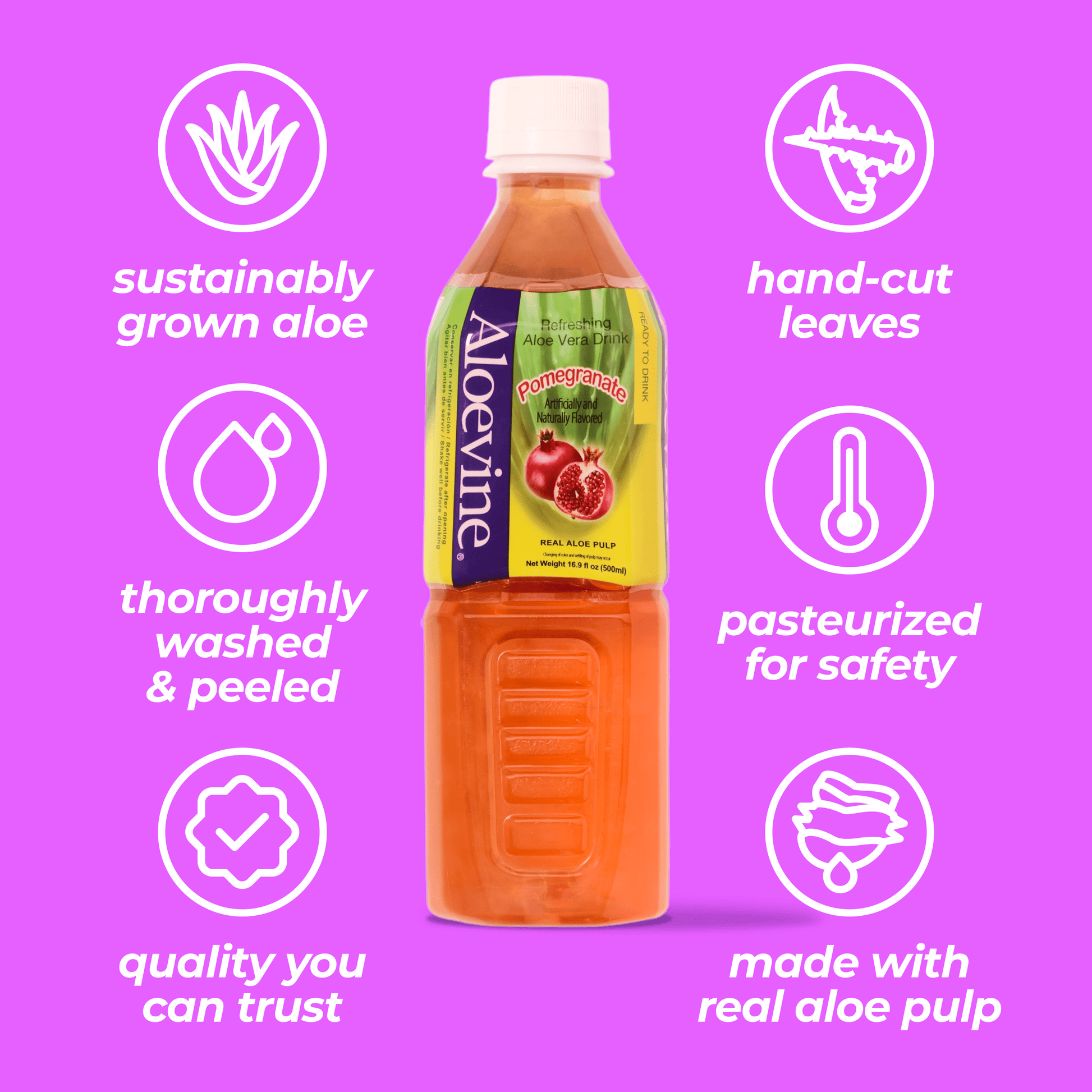 Aloevine Pomegranate Aloe Vera Drink with Aloe Pulp, 16.9 Fl Oz, 20 Count Bottles