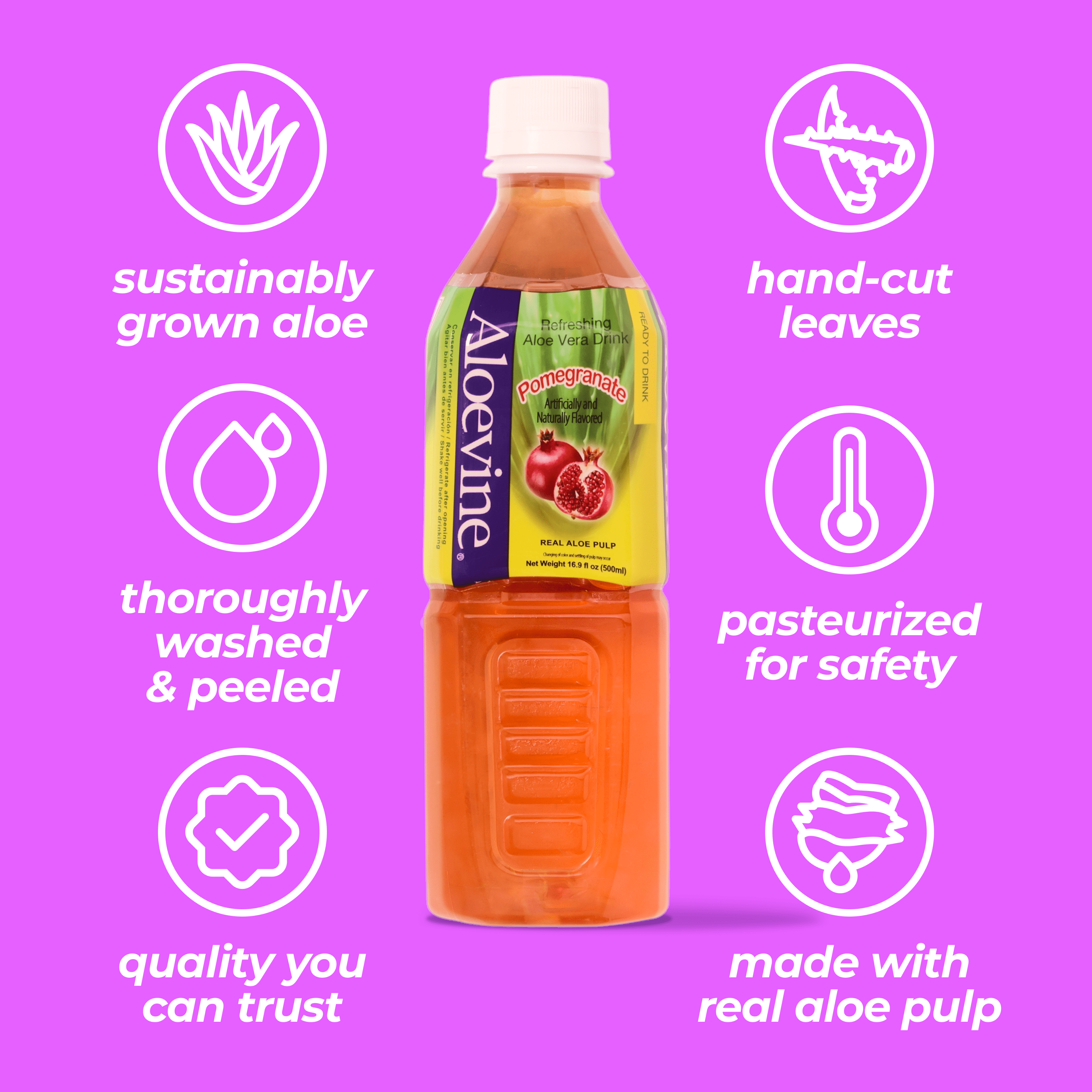 Aloevine Pomegranate Aloe Vera Drink with Aloe Pulp, 16.9 Fl Oz, 20 Count Bottles