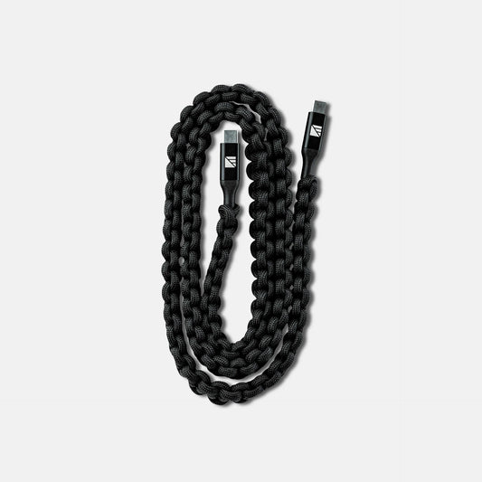 Dark Energy USB-C to USB-C charging cable showing connections and braided design for fast data transfer and charging.