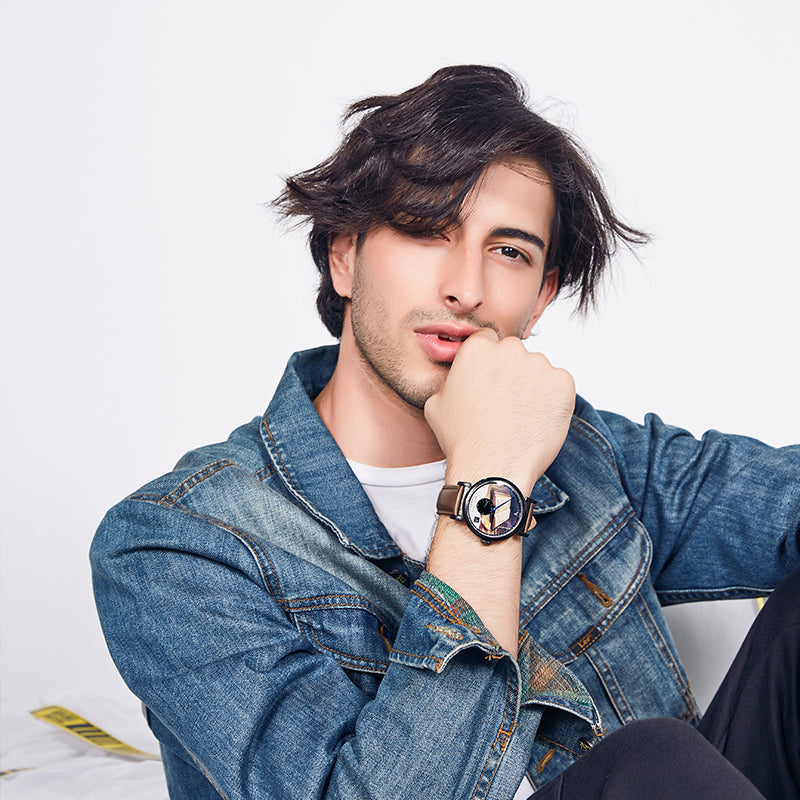Van Gogh men's quartz wrist watch with 3D-printed artistic design on a black strap