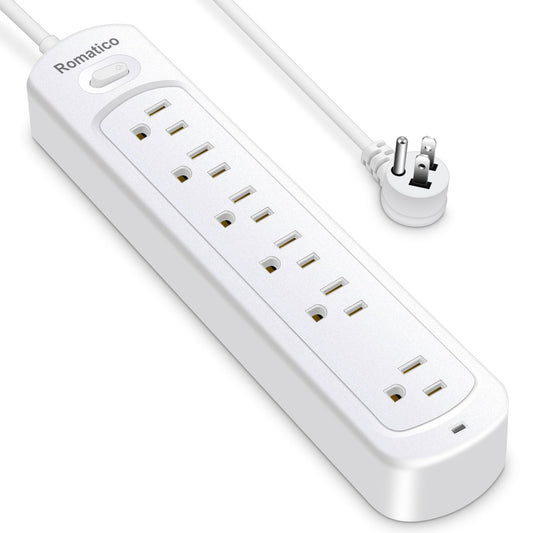 Back upmyfilesnow surge guard power strip with six outlets and a 4-foot cord, ideal for protecting multiple electronic devices.